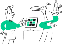 Tebi birds using POS with one holding a tray of drinks.