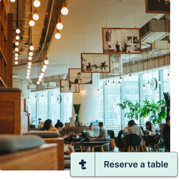 Image of a restaurant with the tables set, overlaid with the Tebi Reservations widget