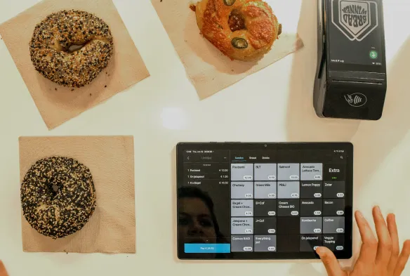 Bagels with POS and terminal, product grid for hospitality business